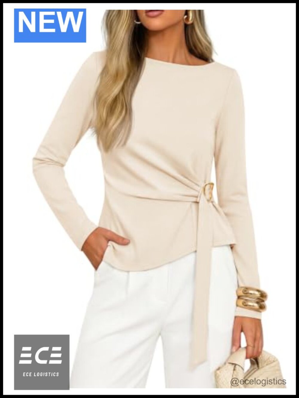 Women's Long Sleeve Business Casual Tie Waist Blouse Work Top